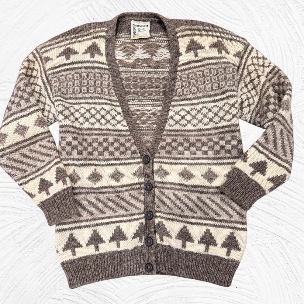 Rapaki Mahana Vintage Women's Nordic Aztec Brown Wool Cardigan Sweater Size L
